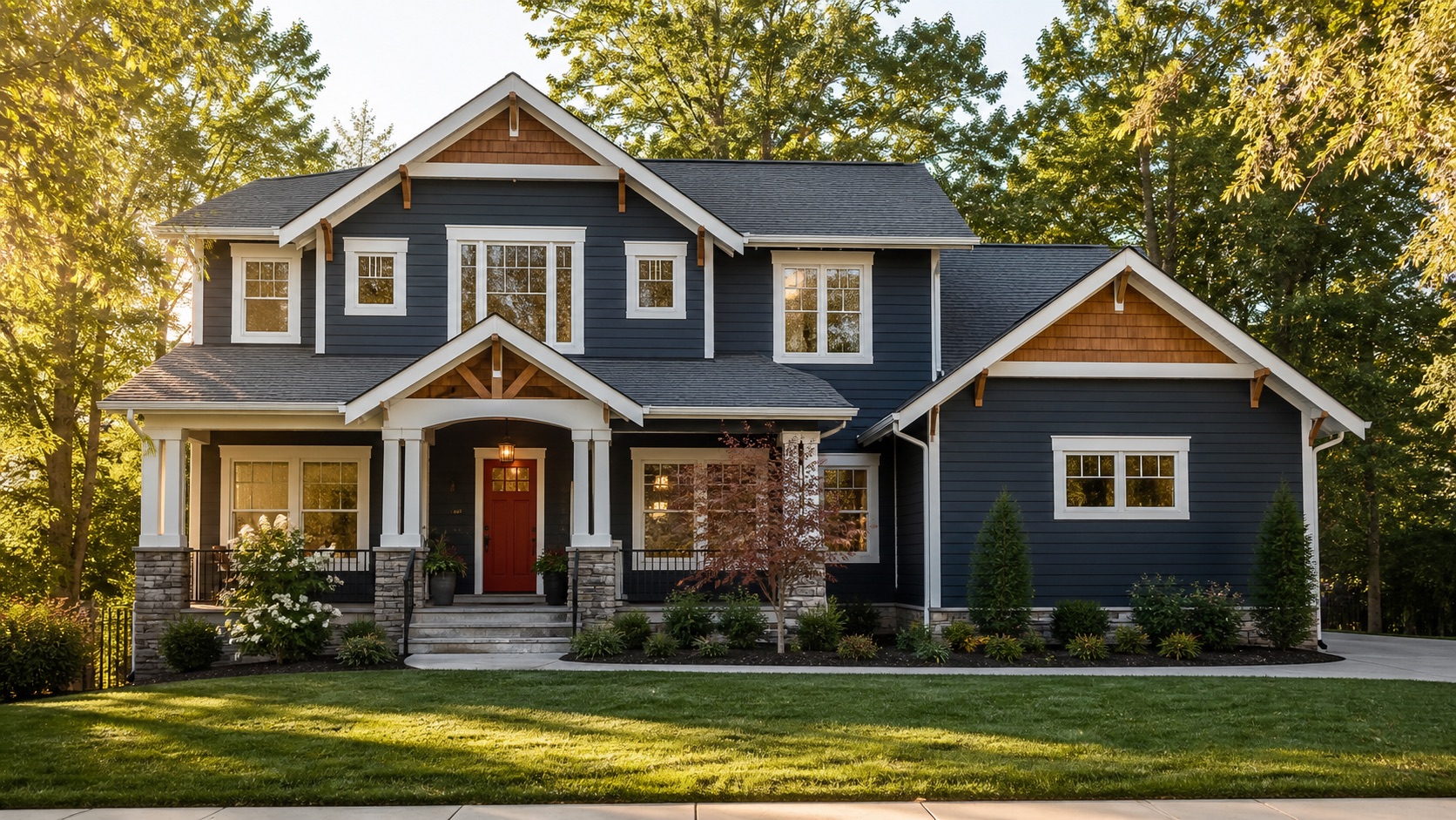 Two-story home with charcoal siding and bright white trim