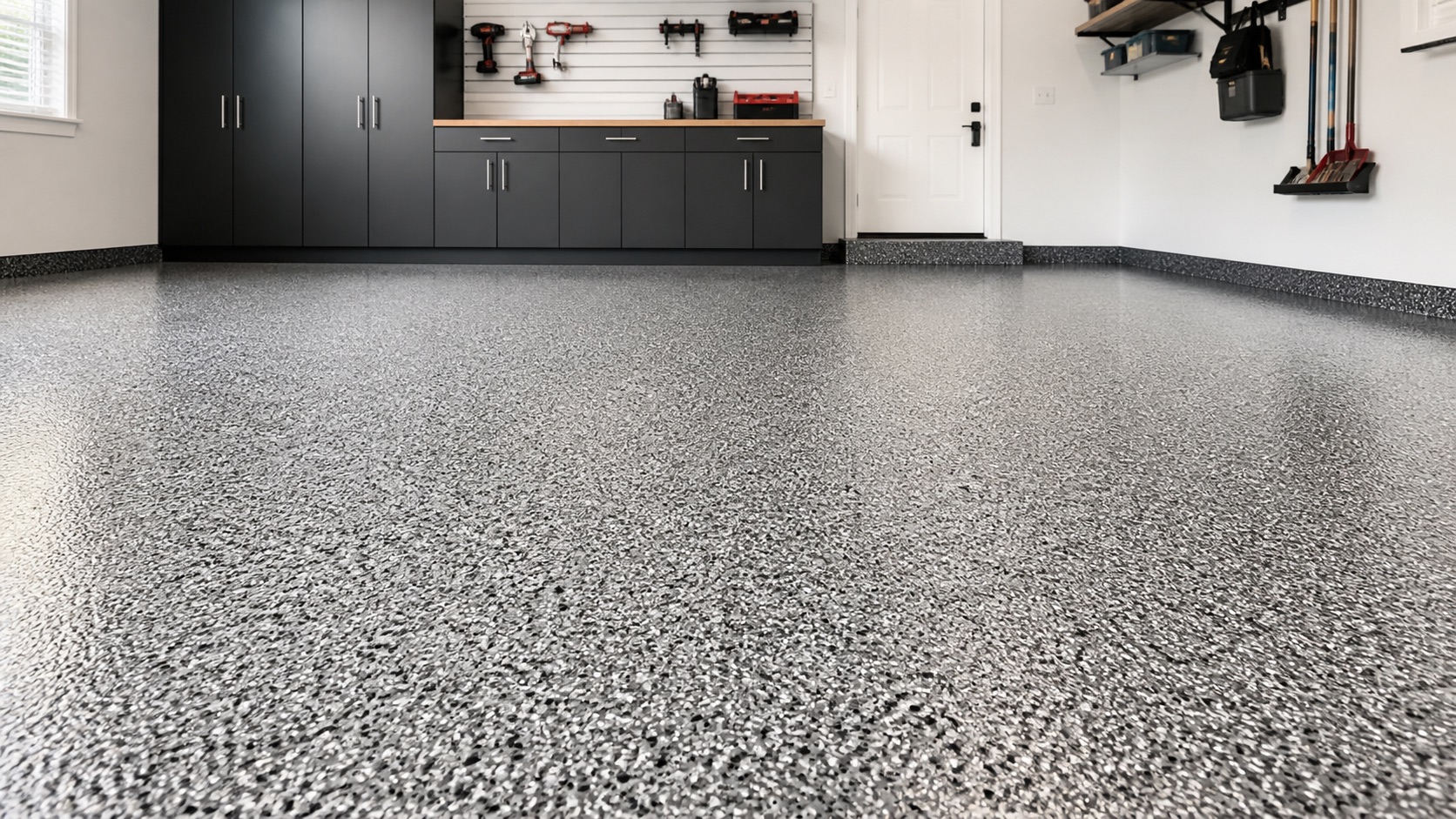 Finished garage with a gray decorative floor coating