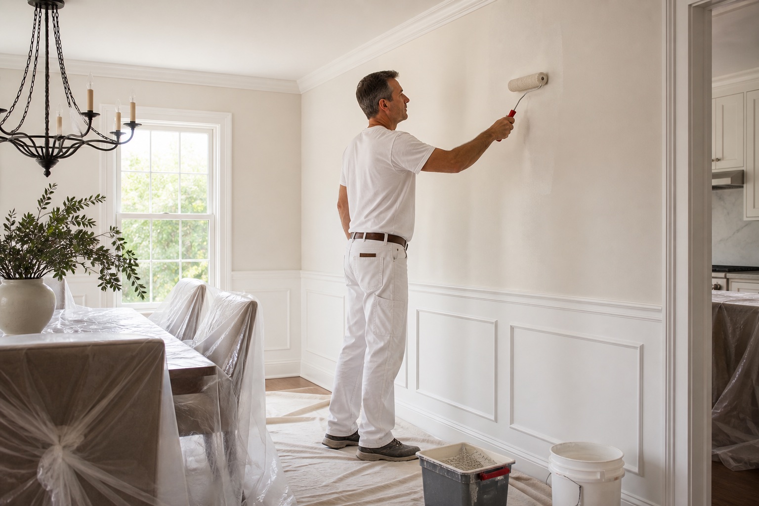 Professional painter applying a smooth interior wall finish