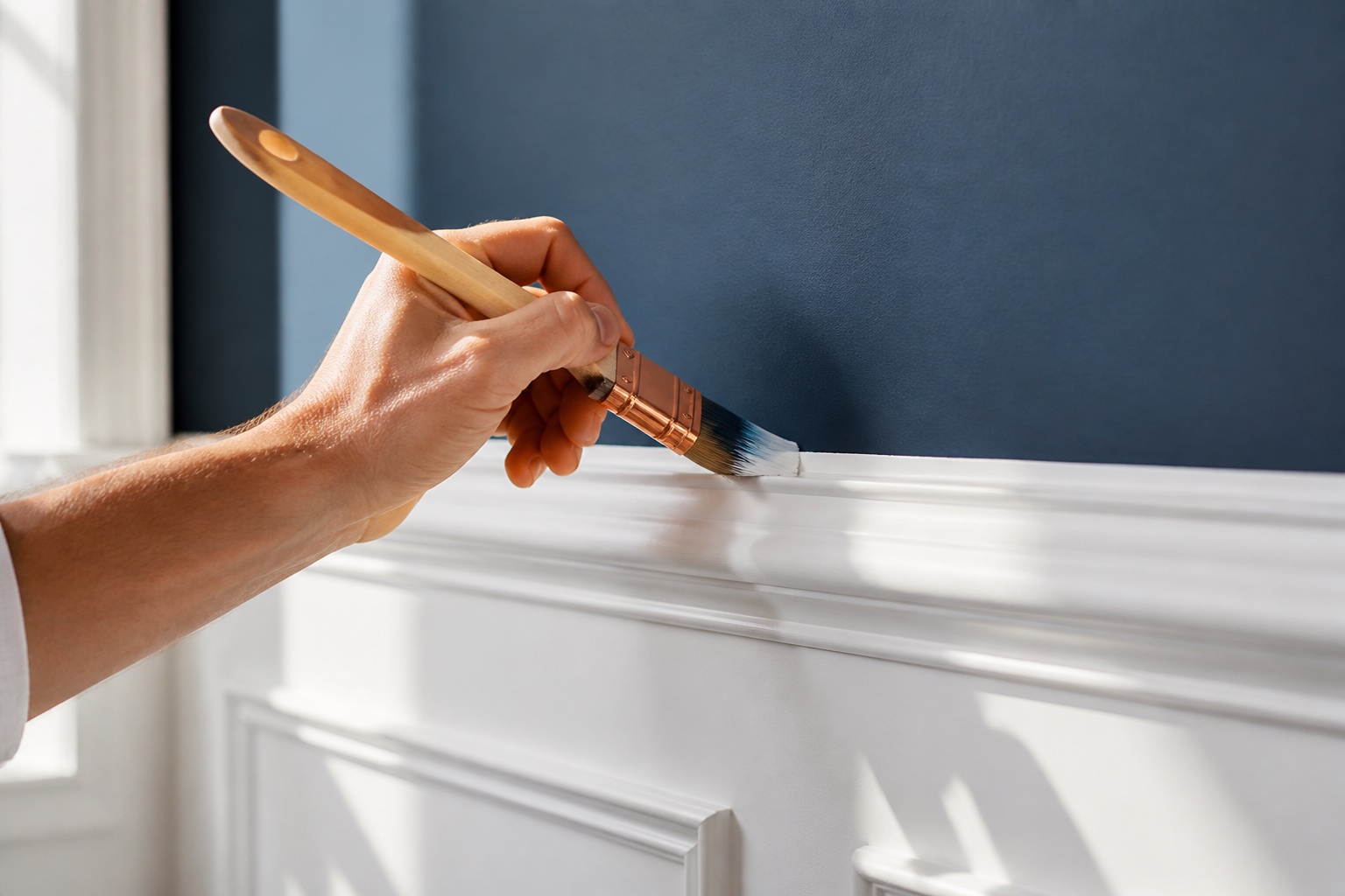 Painter carefully cutting a crisp line along white trim