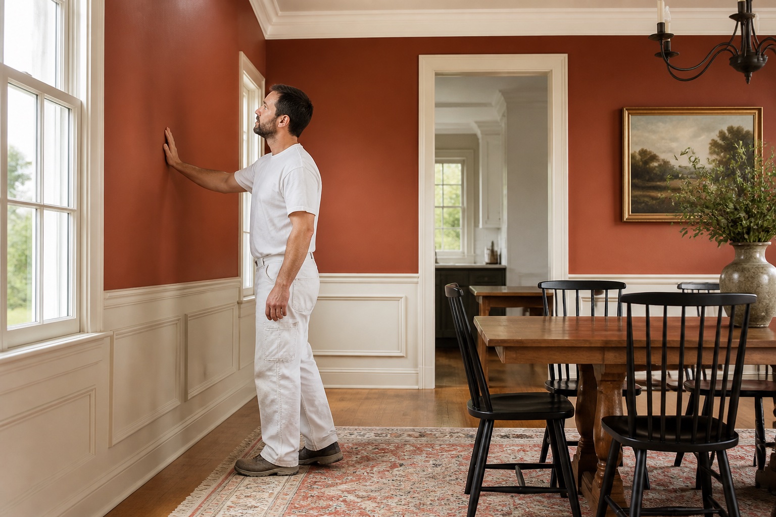 Professional painter inspecting a newly finished dining room wall