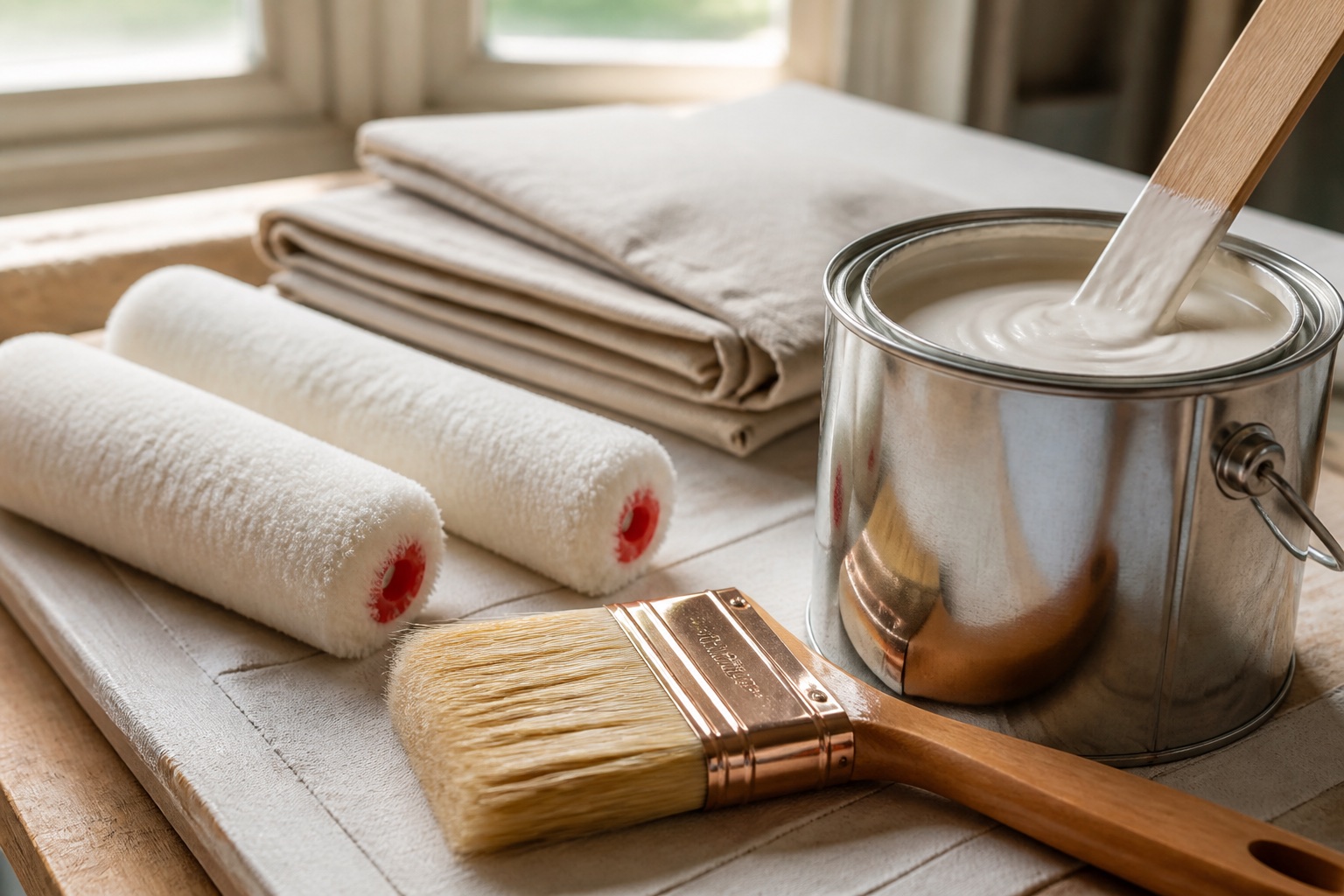 Premium brushes, rollers, paint, and protective materials arranged for a project